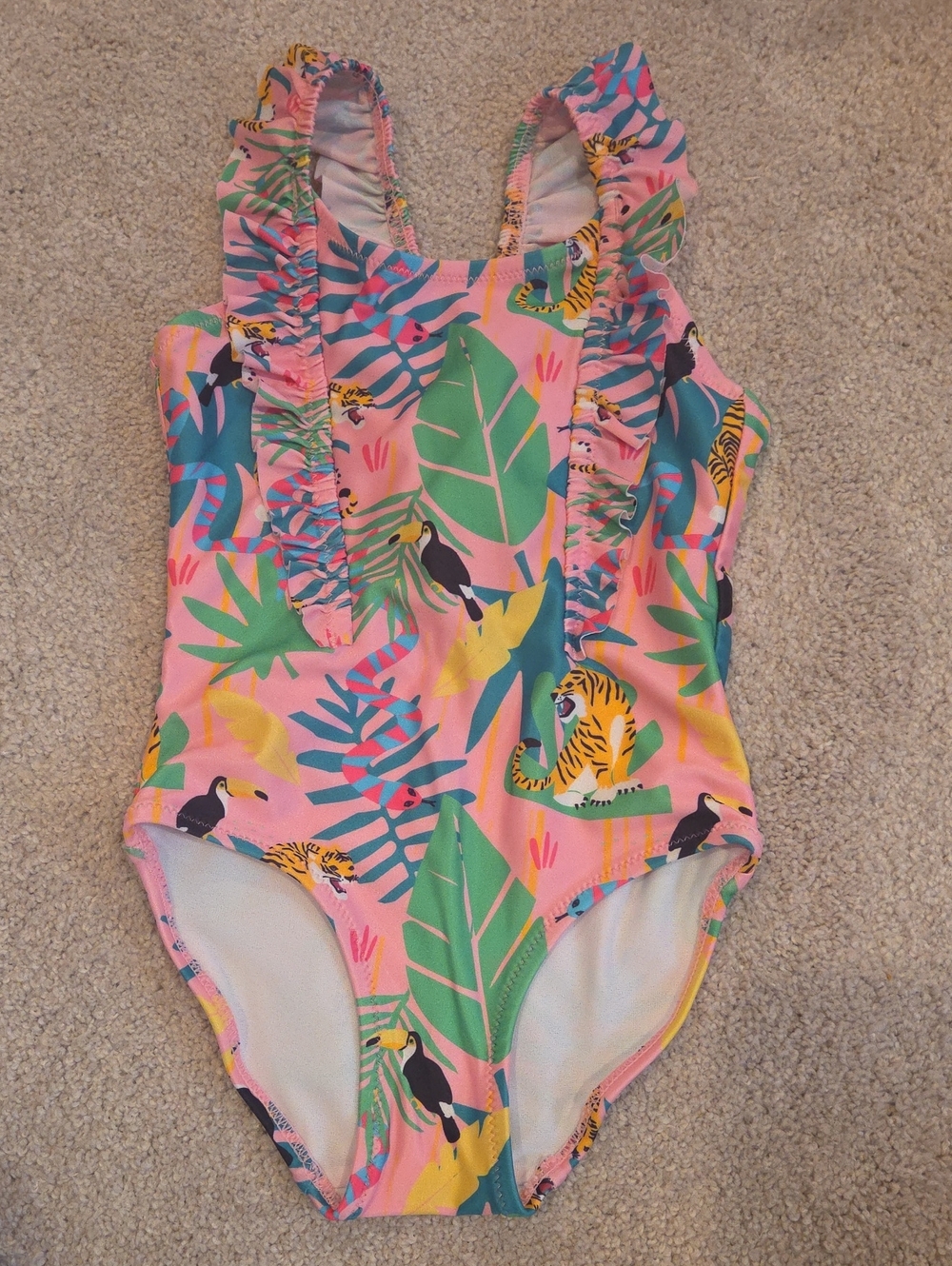 H&M Pink Tropical Ruffle One-Piece Swimsuit with Green Leaves